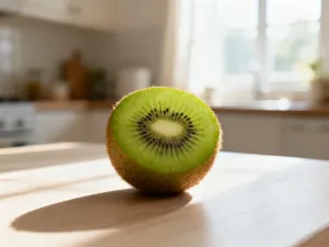 Upieczony batat przekrojony na pół, ukazujący soczysty, pomarańczowy miąższ na rustykalnym drewnianym stole.
