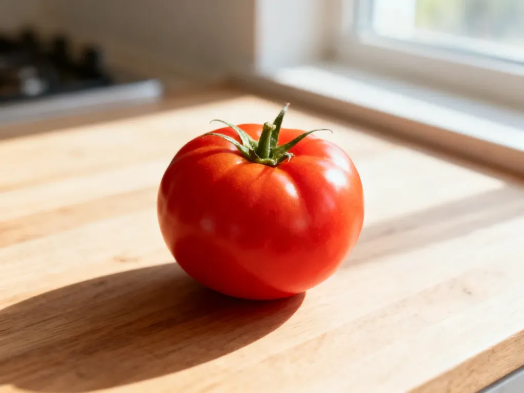 Dojrzały, czerwony pomidor na drewnianym blacie w słonecznej kuchni, podkreślający świeżość i naturalność produktu.