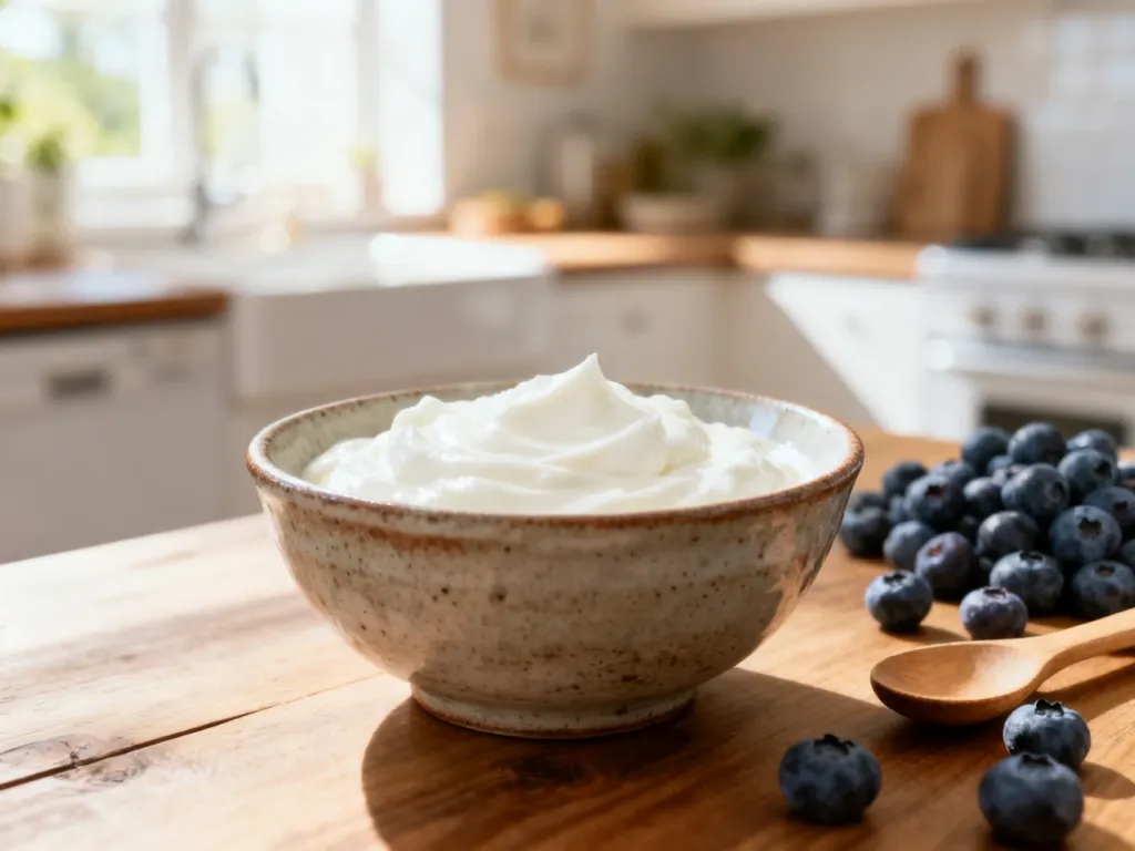Gęsty jogurt typu skyr w ceramicznej miseczce na drewnianym stole, obok świeże borówki w jasnej, słonecznej kuchni.