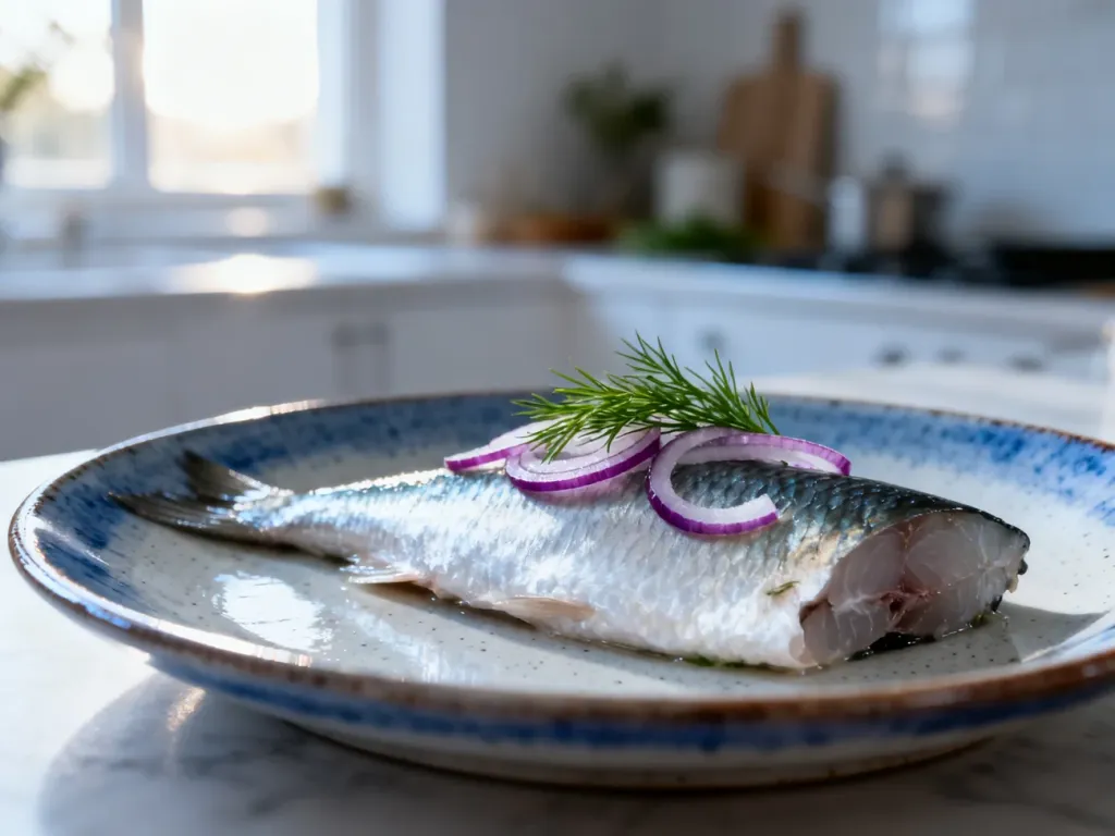 Świeży filet ze śledzia podany z czerwoną cebulą i koperkiem na ceramicznym talerzu.
