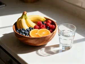 Kawałki świeżego arbuza, ananasa i mango ułożone na ciemnym drewnianym blacie w słonecznej kuchni.