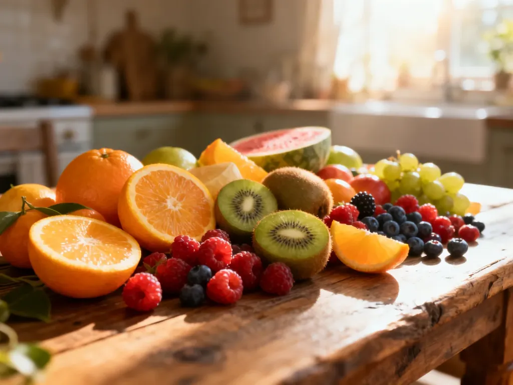 Świeże owoce, takie jak cytrusy, kiwi i jagody, ułożone na drewnianym stole, symbolizujące naturalne wsparcie odporności.