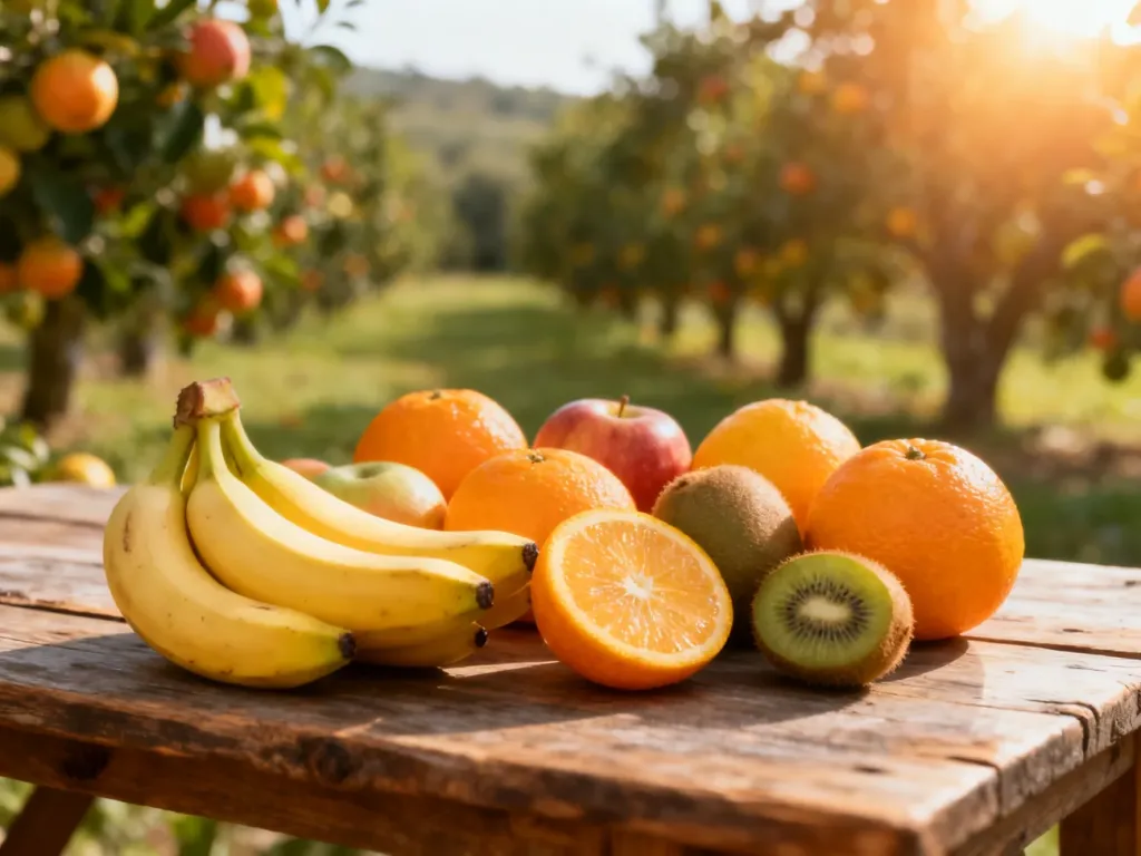 Świeże owoce, takie jak banany, pomarańcze i kiwi, ułożone na drewnianym stole w promieniach porannego słońca.