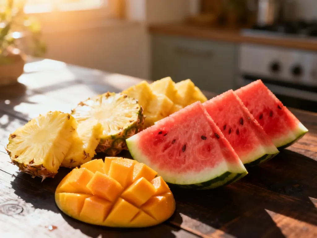 Kawałki świeżego arbuza, ananasa i mango ułożone na ciemnym drewnianym blacie w słonecznej kuchni.