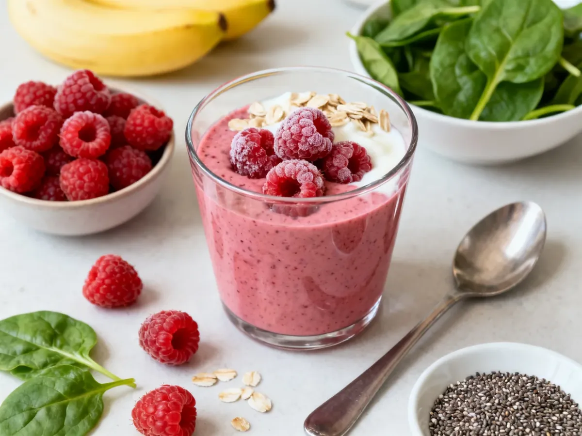 Koktajl z mrożonymi malinami, bananem, jogurtem i dodatkami